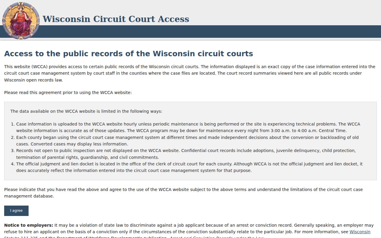 WCCA public-access notice for Wisconsin circuit court information