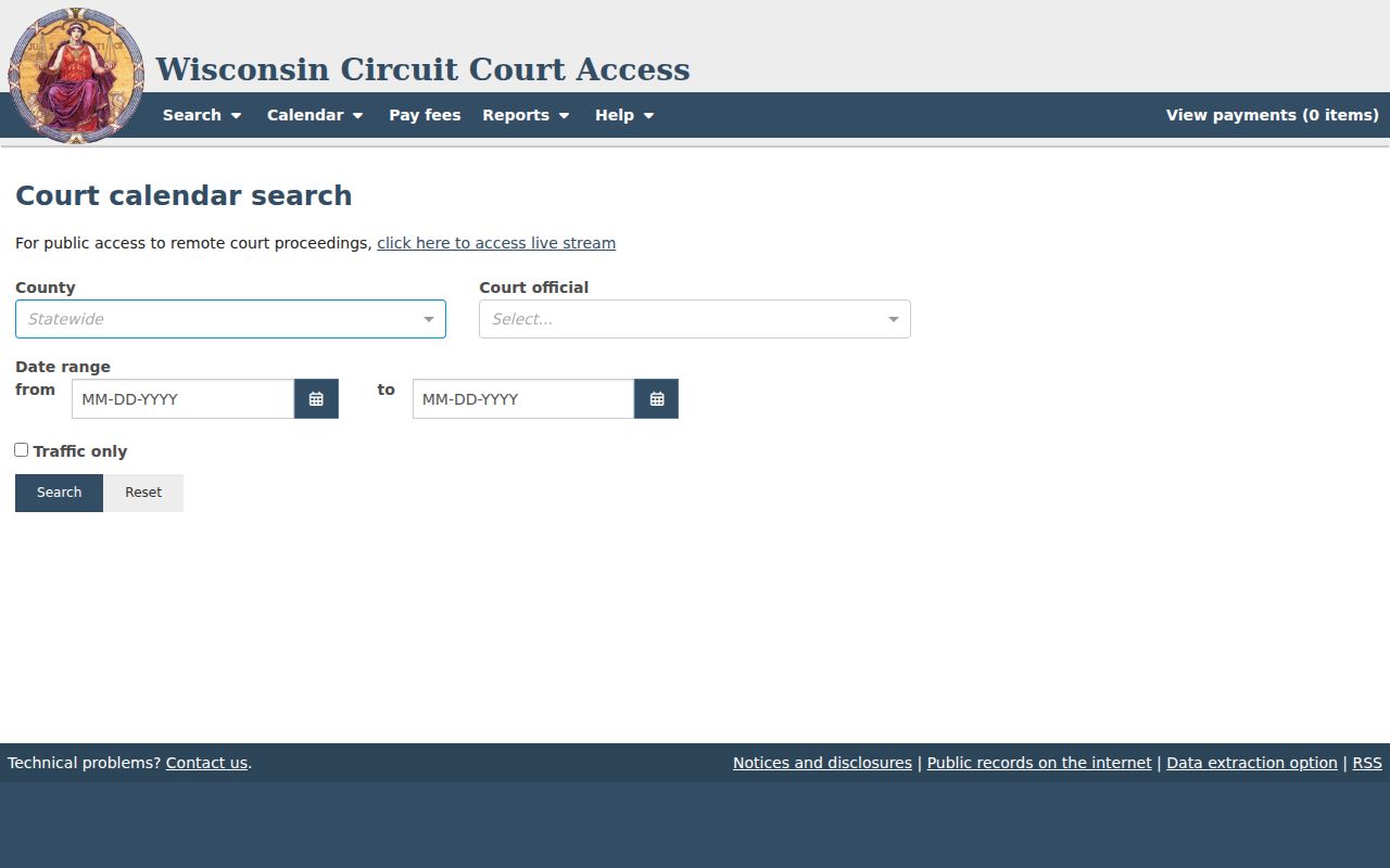 WCCA Iron County court official calendar search fields