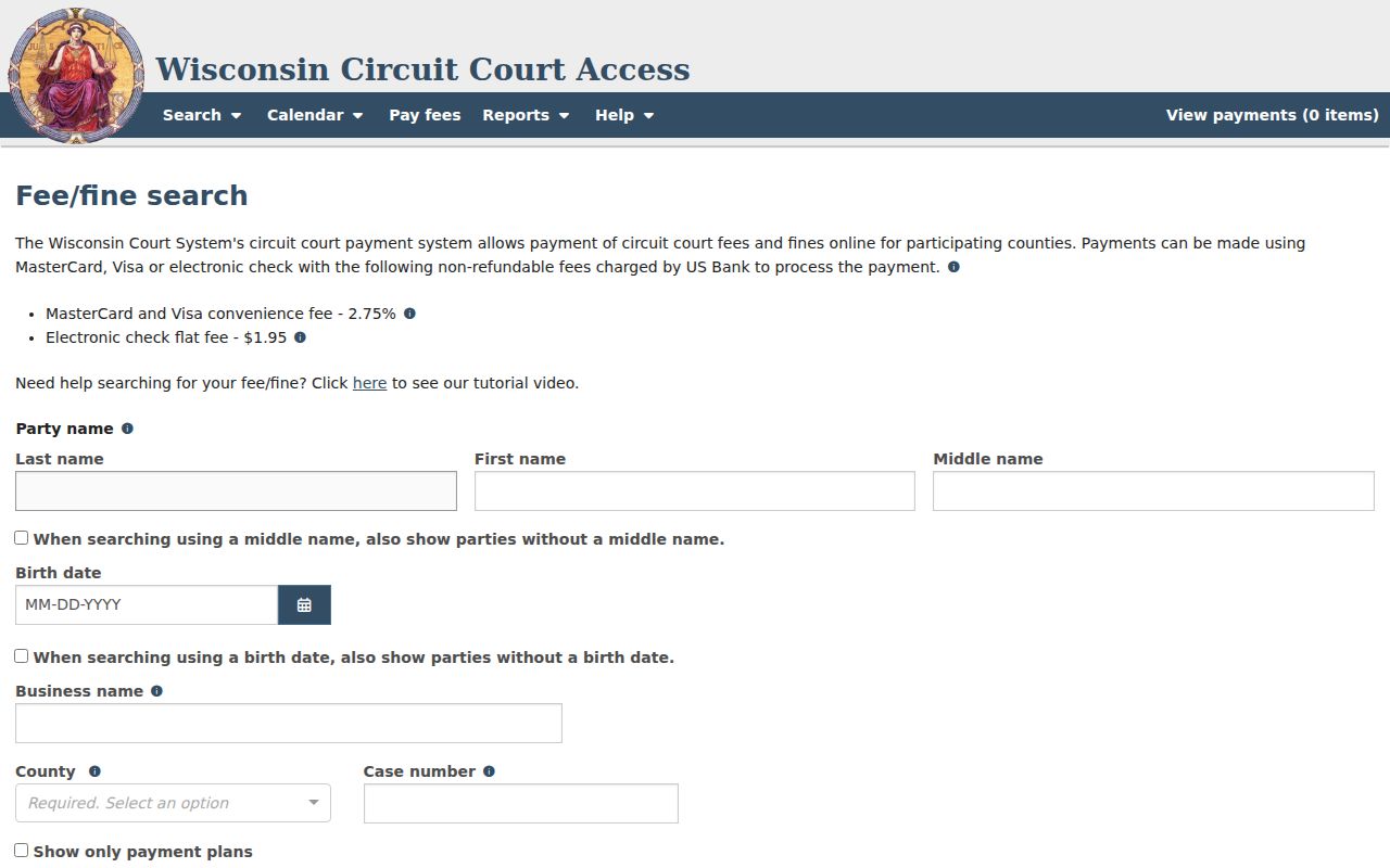 WCCA payment search separate from the Iron County court calendar